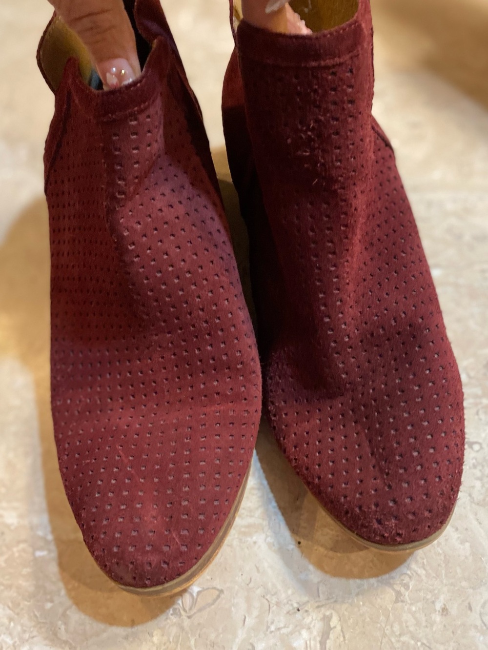 Susina Burgundy Perforated Suede Ankle Booties